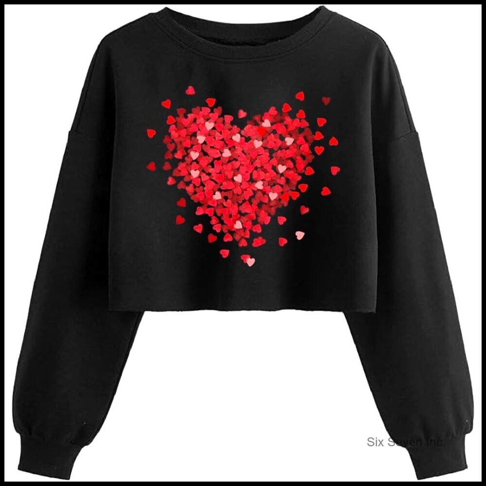 Crop Sweatshirt Valentine's Heart Graphic Lantern Sleeve Casual Pullover Y2K